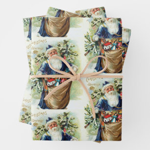 Weihnachtsmann mit Weihnachtsbaum und Spielzeug im Geschenkpapier Set