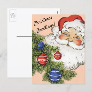 Weihnachtsmann mit Weihnachtsbaumschmuck im Vintag Feiertagspostkarte