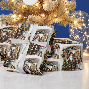 Weihnachtsmann mit Weihnachtsgeschenken an der Tür Geschenkpapier