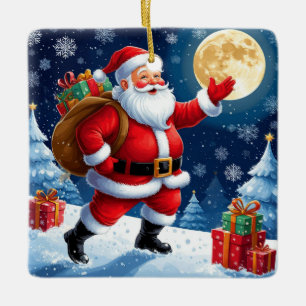 Weihnachtsmann mit Weihnachtsgeschenken Keramikornament