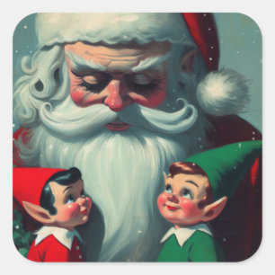 Weihnachtsmann mit Zwergen Retro Weihnachten Vinta Quadratischer Aufkleber