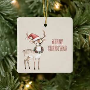Weihnachtsmann-Mütze Hirsch Keramikornament