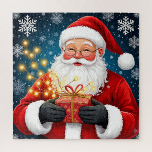Weihnachtsmann neben Weihnachtsbaum und Geschenken