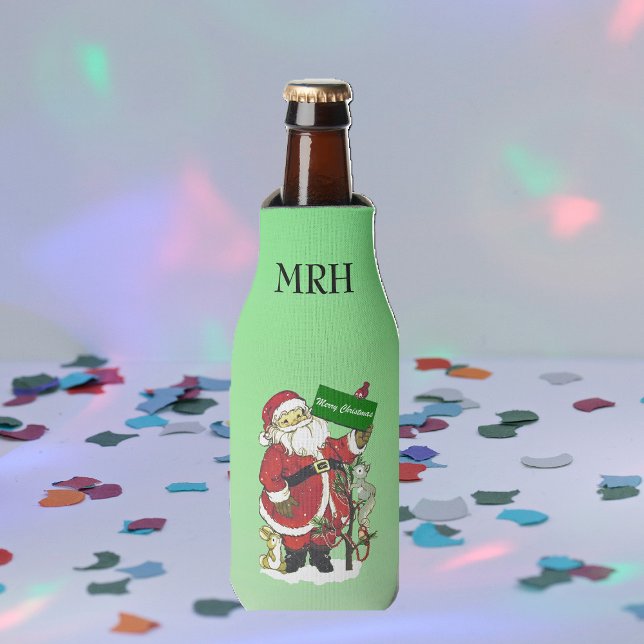 Weihnachtsmann-Niedliche Tiere frohe Weihnachten Flaschenkühler (Santa Claus with cute forest animals decorated tree on Merry Christmas green drink bottle cooler.)