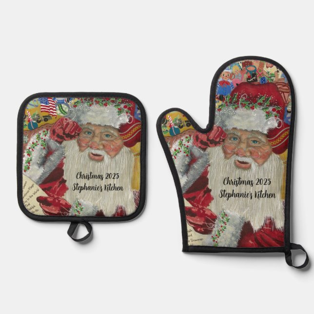 Weihnachtsmann Personalisierter Name Weihnachten 2 Ofenhandschuh & Topflappen-Set (Vorderseite)