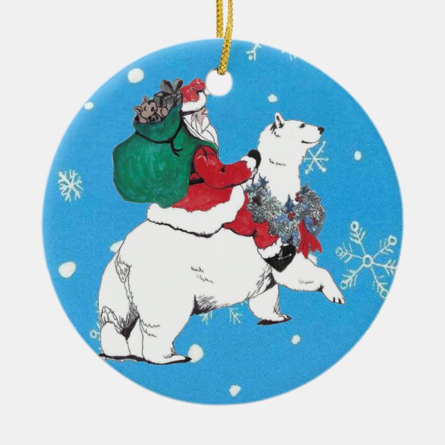 Weihnachtsmann Polar Bär Baum Keramik Ornament (Vorne)