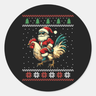 Weihnachtsmann-Reit-Huhn-Hässlicher-Weihnachts-Pul Runder Aufkleber