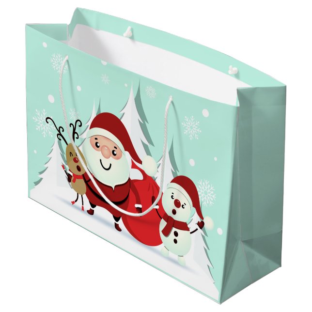 Weihnachtsmann, Rentier & Schneemann große Weihnac Geschenktüte (Rückseite Schrägansicht)