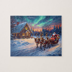 Weihnachtsmann-Rentiere-Hütte-Nordlichter Weihnach