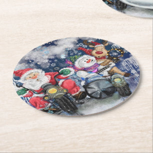 Weihnachtsmann-Rentiere-und-Schneemann-Papierunter Runder Pappuntersetzer
