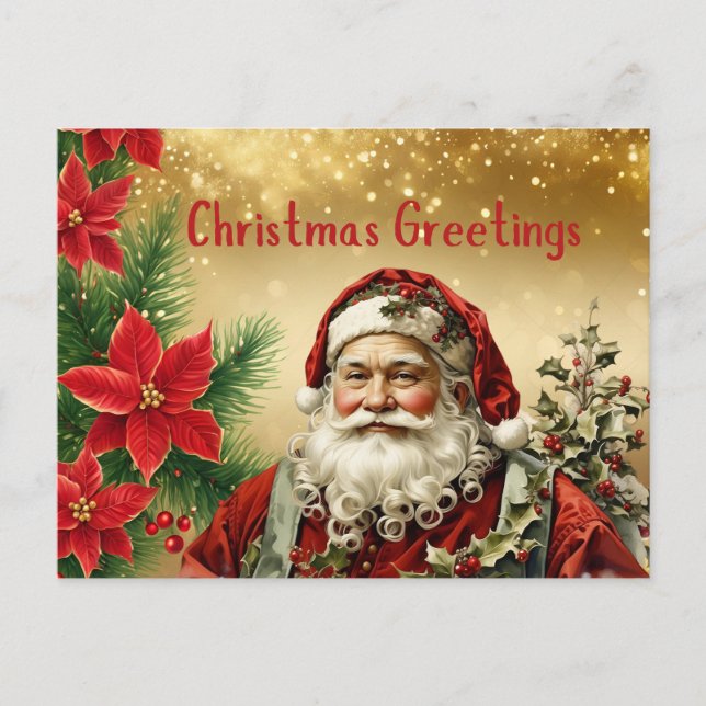 Weihnachtsmann, Rote Poinsettia Feiertagspostkarte (Vorderseite)