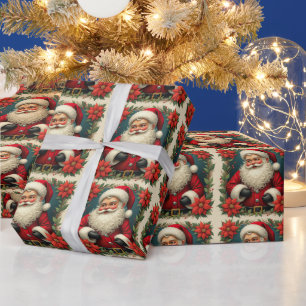 Weihnachtsmann, rote Poinsettien-Blumen Geschenkpapier