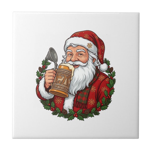 Weihnachtsmann Santa Claus hält Bierglas Fliese (Vorderseite)