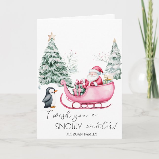 Weihnachtsmann, Schlitten, Pinguin, Wald Feiertagskarte (Vorderseite)