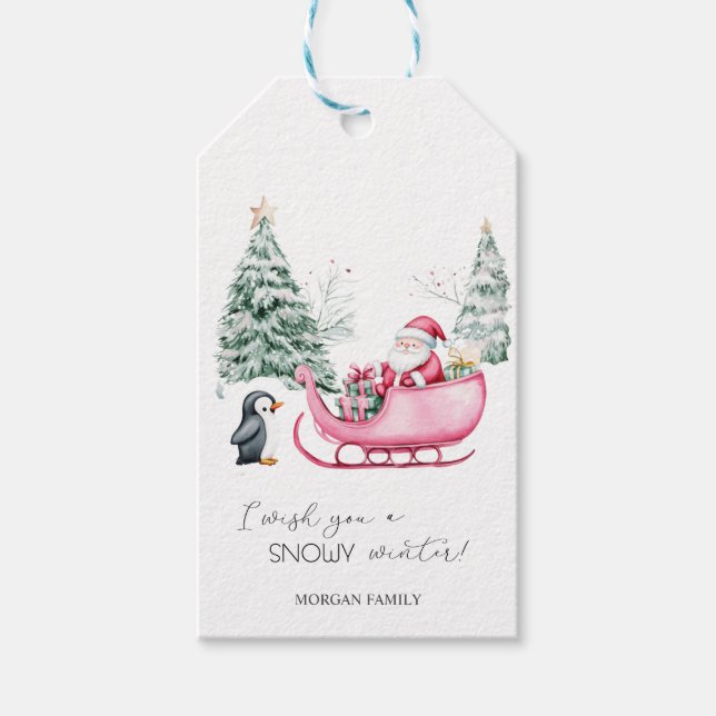 Weihnachtsmann, Schlitten, Pinguin, Wald Geschenkanhänger (Vorderseite)