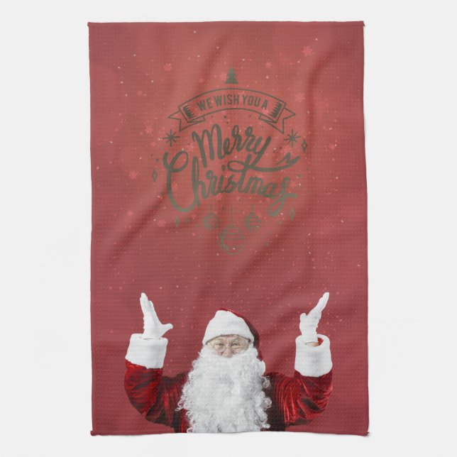 Weihnachtsmann, Schneeflocken, rot Geschirrtuch (Vertikal)