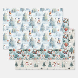 Weihnachtsmann, Schneemänner und Weihnachtsbaumen Geschenkpapier Set