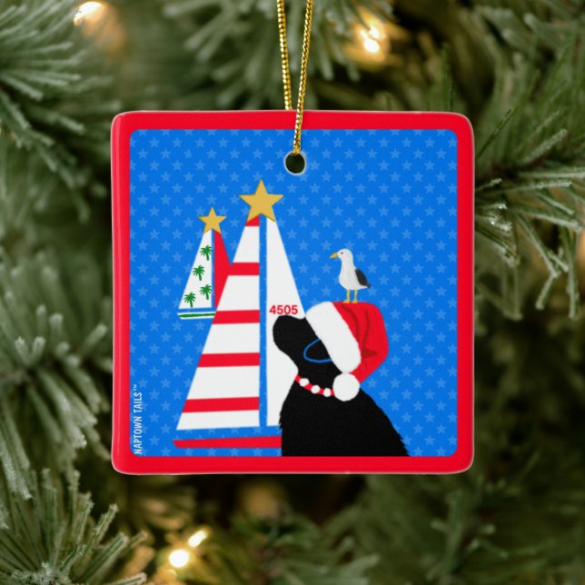 Weihnachtsmann Schwarzer Hund und Vogelfreund Weih Keramikornament (Baum)