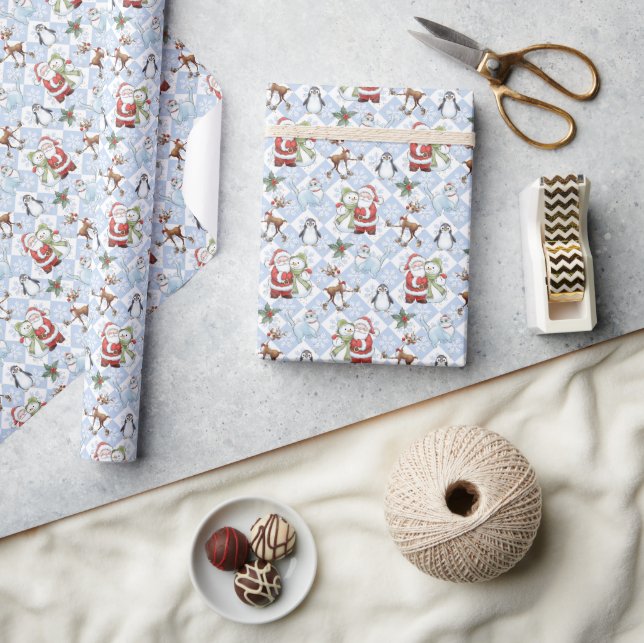 Weihnachtsmann, Snowman, Rentier, Katze Geschenkpapier (Kunsthandwerk)