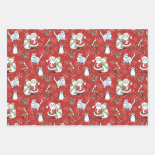Weihnachtsmann, Snowman, Rentier, Katze Geschenkpapier Set