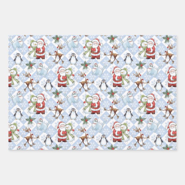 Weihnachtsmann, Snowman, Rudolph, Katze Geschenkpapier Set (Vorderseite)
