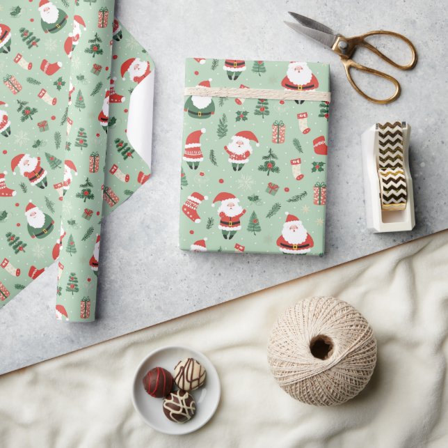 Weihnachtsmann, Socken, Bäume und Geschenke Weihna Geschenkpapier (Kunsthandwerk)