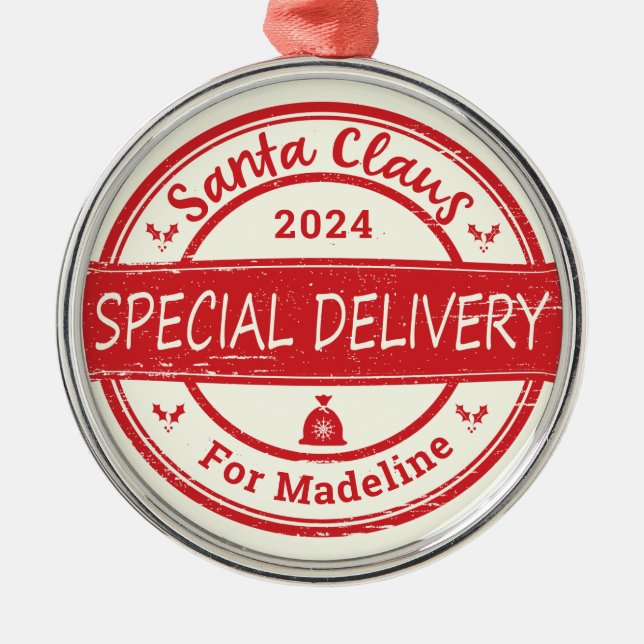 Weihnachtsmann Special Delivery Individuelle Name  Ornament Aus Metall (Vorne)