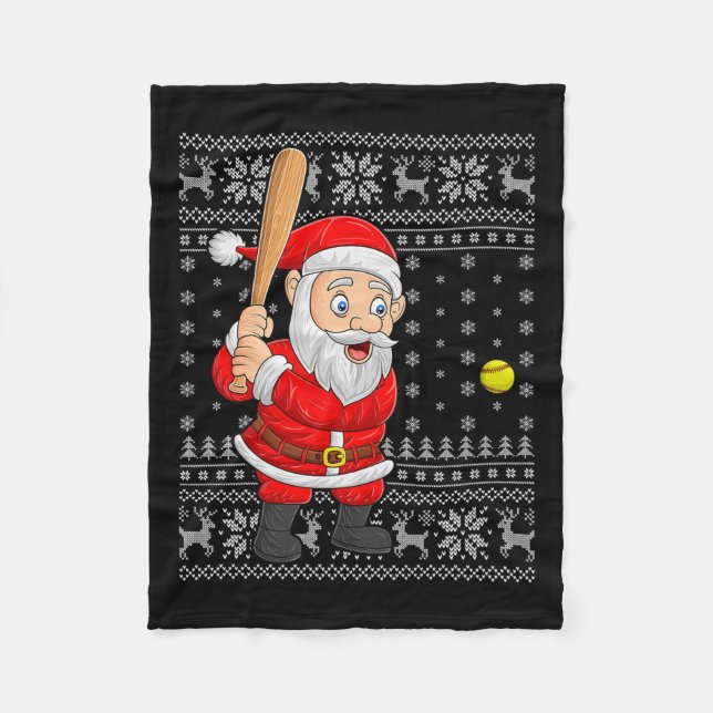 Weihnachtsmann spielt Baseball Softball hässliche  Fleecedecke (Vorderseite)