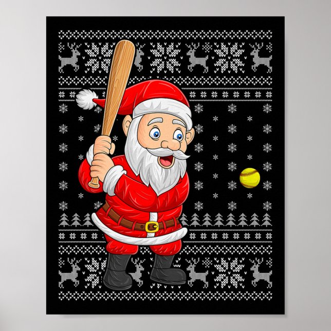 Weihnachtsmann spielt Baseball Softball hässlicher Poster (Vorne)
