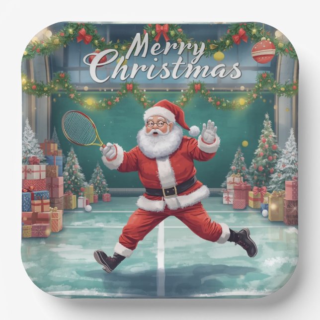 Weihnachtsmann spielt Tennis Pappteller (Vorderseite)