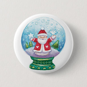 Weihnachtsmann, Stern und Vogel im Schneeglobus Button