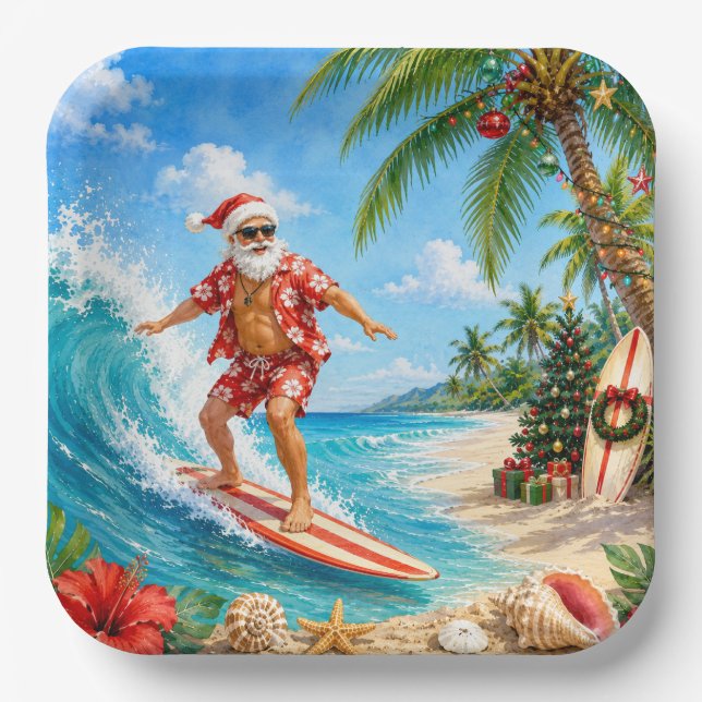 Weihnachtsmann Surfen Strand Blick Weihnachtsfeier Pappteller (Vorderseite)