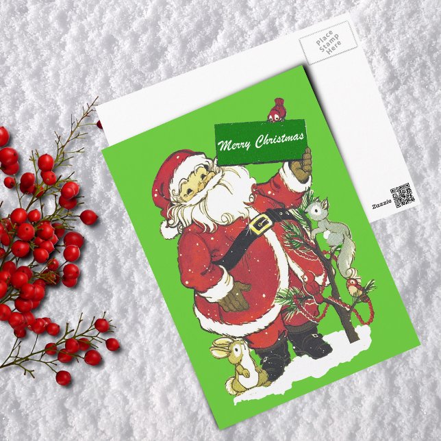 Weihnachtsmann-Tier-frohe Weihnachten (Cute Santa claus animals decorated tree snow on green Merry Christmas postcard.)