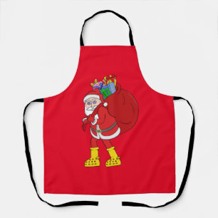 Weihnachtsmann trägt große gelbe Stiefel Schürze