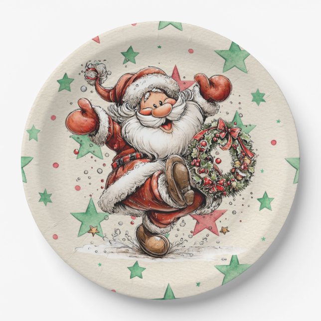 Weihnachtsmann Tritt Einen Weihnachtskranz Pappteller (Vorderseite)