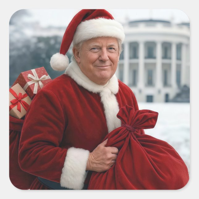 Weihnachtsmann Trump mit roter Geschenktasche Quadratischer Aufkleber (Vorderseite)