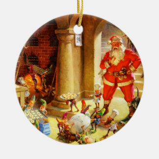 Weihnachtsmann überwacht seine Elfe, Plätzchen zu Keramik Ornament
