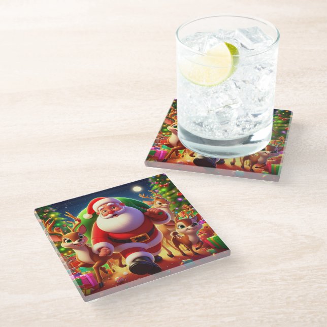 Weihnachtsmann und 2 Rentierbilder Glasuntersetzer (Schrägansicht)