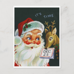 Weihnachtsmann und ein Rentier mit Kalender, vinta Postkarte