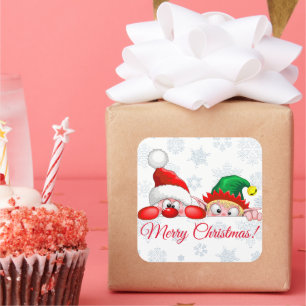 Weihnachtsmann und Elf Süßer und lustiger Weihnach Quadratischer Aufkleber