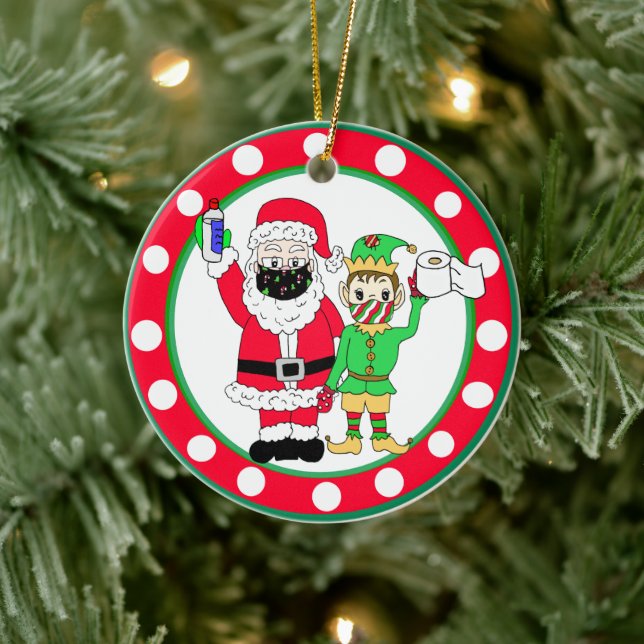 Weihnachtsmann und Elfen Facemasken und Toilettenp Keramik Ornament (Baum)