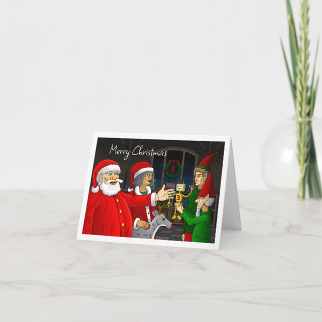 Weihnachtsmann und Frau Claus Weihnachtswerkstatt Feiertagskarte (Vorderseite)