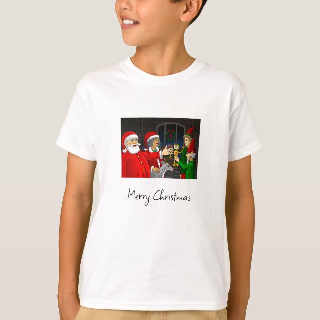 Weihnachtsmann und Frau Claus Weihnachtswerkstatt T-Shirt (Vorderseite)