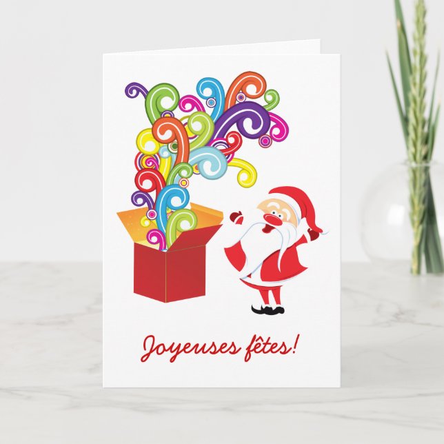 Weihnachtsmann und Geschenkschachtel Feiertagskarte (Vorderseite)
