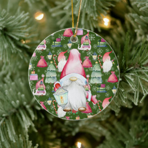 Weihnachtsmann und Grüne Muster Name & Datum Keramik Ornament