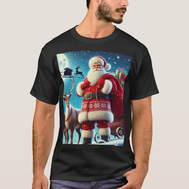 Weihnachtsmann und Hirsche mit Geschenken T-Shirt (Vorderseite)