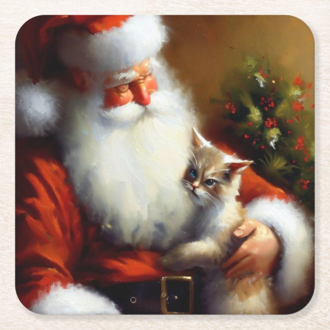 Weihnachtsmann und Katze 3 Rechteckiger Pappuntersetzer (Vorderseite)
