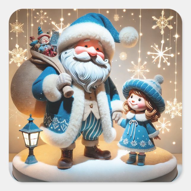 Weihnachtsmann und Kind Quadratischer Aufkleber (Vorderseite)