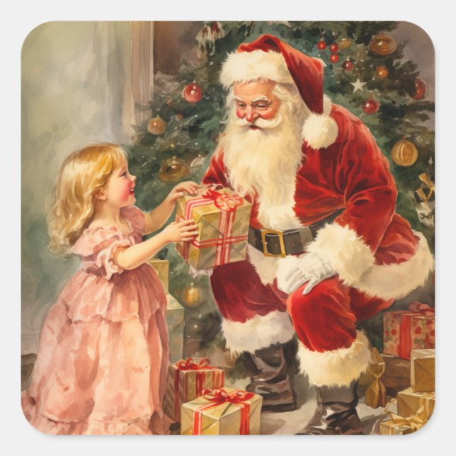 Weihnachtsmann und Kinderalter Weihnachten Quadratischer Aufkleber (Vorderseite)