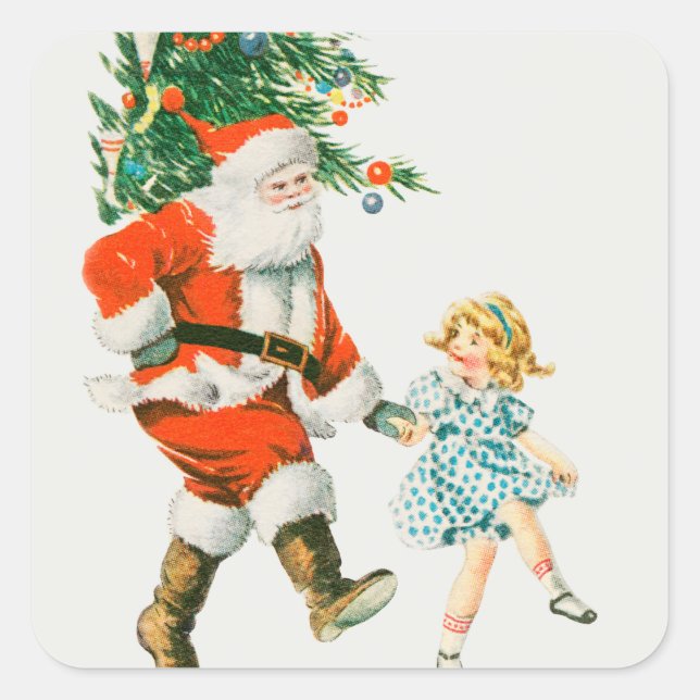 Weihnachtsmann und Kleines Mädchen Quadratischer Aufkleber (Vorderseite)